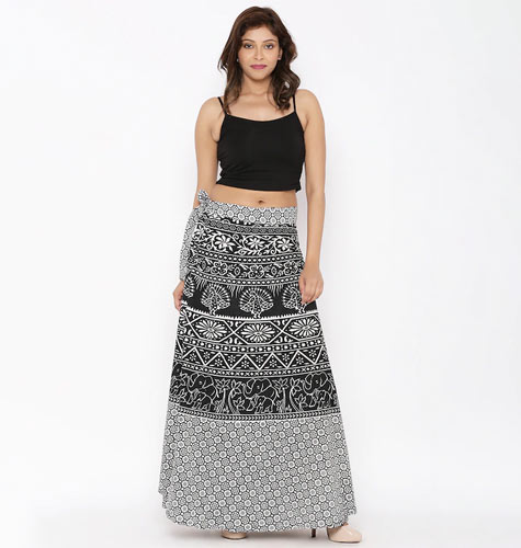 Black & White Ethnic Print Wrap-Around Maxi Skirt